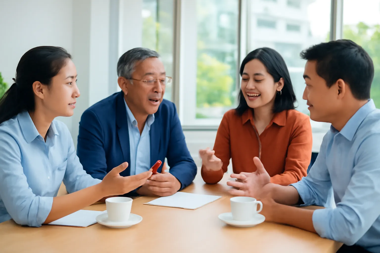 Nhóm người tranh luận sôi nổi quanh bàn họp sáng sủa