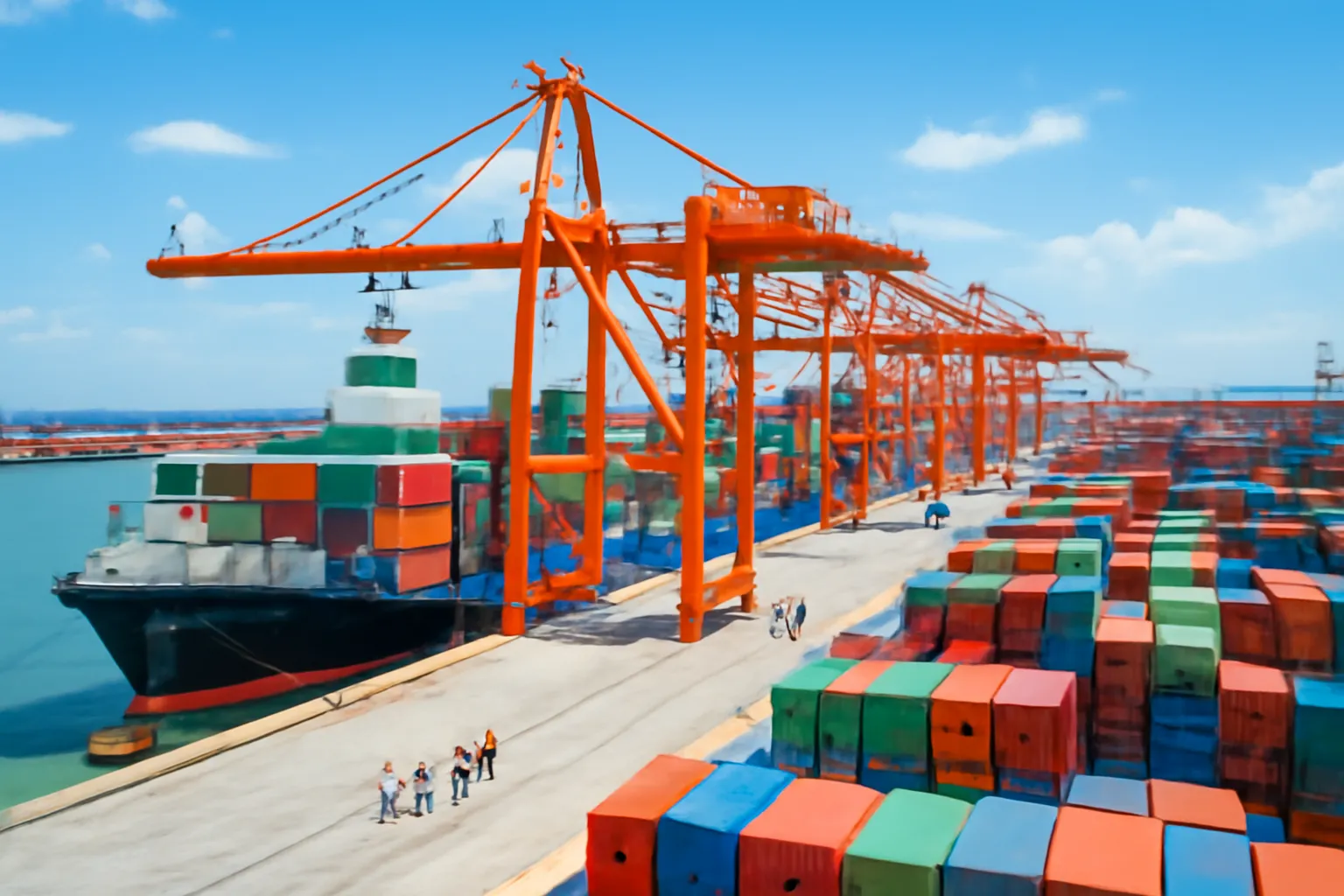 Bến cảng container với cần cẩu bốc xếp hàng lên tàu
